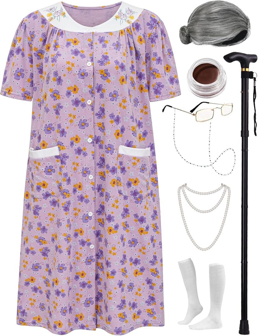 Old Lady Costume for Women 100 Days of School Halloween 100th Day Dress up (Large-X-Large)