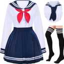 Japanese School Girls Uniform Sailor Navy Blue Pleated Skirt Anime Cosplay Costumes with Socks Set(SSF13) (Medium--Asia L, White and Navy)