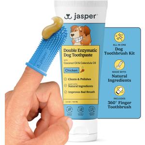 Jasper Dog Tooth Brushing Kit and Dog Toothpaste Kit 360 Dog Toothbrush Enzymatic Plaque Remover Improves Bad Breath Natural Pet Toothpaste Dog Toothbrush and Toothpaste 2 oz Chicken Flavor