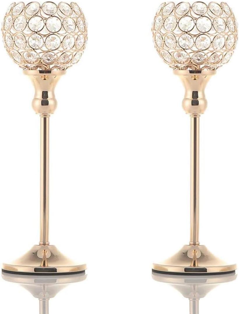Gold Crystal Candle Holders Set of 2 for Fireplace Coffee Table Mantle Decor, Wedding Home Halloween Decoration Centerpieces (2 pcs 13" Tall)