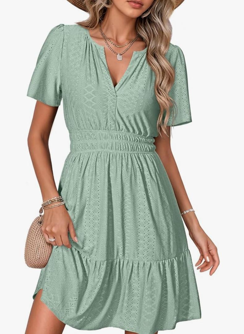 Simplee Womens 2026 Summer Mini Dress Eyelet Short Sleeve Cocktail Short Dresses Cute A Line Sun Dress with Pockets Size XL