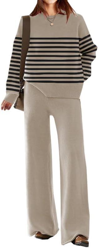 ETCYY NEW Womens Elegant Lounge Sets Knitted Sweatsuit Sets 2 Piece Outfits with Sweater Tops and Wide Leg Sweatpants (Small, 115striped Khaki)