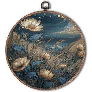 Tzhim Vintage Moody Blue Floral Round Wall Art, Dark Cottagecore Wildflower Field Round Wall Decor Framed, Rustic Farmhouse Flower Botanical Canvas Walls Sculptures for Home Office Decor, 10x10 Inch
