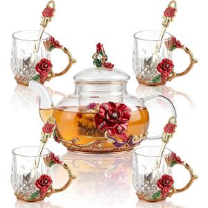 Maxdot 5 Pcs Floral Glass Tea Set with Teapot and Infuser, 14 oz Vintage Flower Teapot with 4 Rose Enamel Cups 3 oz and Spoons, Tea Party Set, Gift for Women Mom Grandma