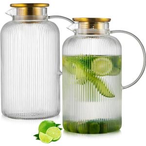 Buaic Glass Pitcher with Lid, 100 oz/ 3 Liter Classic Vertical Stripes Water Pitcher,Glass Water Carafe for Cold Brew, Coffee, Lemonade, Iced Sun Tea,Beverage, Milk, Heat Resistant (3L-2 PACK, Clear)