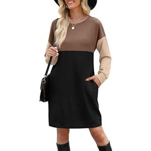 WIHOLL Black Dresses for Women Long Sleeve Casual Flowy Fall Dresses with Pockets Elegant Cute Tshirt Short Mini Dress Teacher Outfits Color Block S