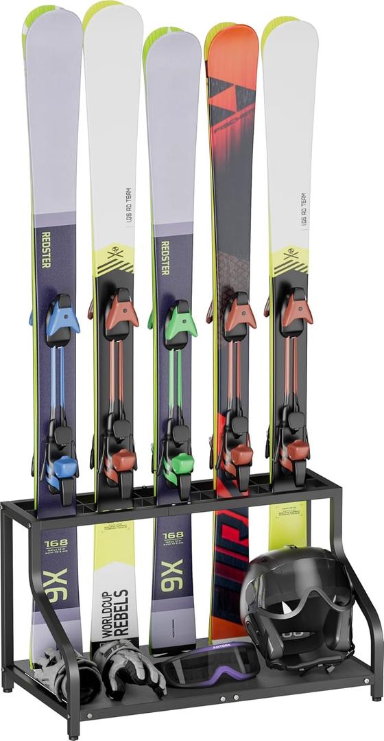 Ski Storage Rack for Garage  Freestanding Ski Holder for 5 Pair Skis, Helmet, Goggles, gloves, Indoor Snowboard Rack Organizer Stand for Home, Shed, Basement, Black