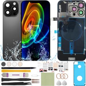 Rear Back Screen Cover Replacement Compatible with iPhone 16 Pro All Carriers 6.3" + Pre-Installed Plate + Wireless Charging Coil Flex Cable + Microphone + Flashlight + Camera Frame (Black)