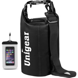 Unigear Dry Bag Waterproof, 2L/5L/10L/20L/30L/40L Floating and Lightweight Bags for Kayaking, Boating, Fishing, Swimming and Camping with Waterproof Phone Case (Black)