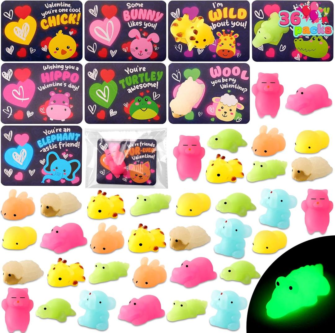 JOYIN 36 Packs Valentines Day Gift Cards with Glow in Dark Mochi Squishy Toys, 9 Designs Stress Relief Fidget Toys, Glowing Squeeze Toy for Kids Valentine's Party Favors and Classroom Exchange