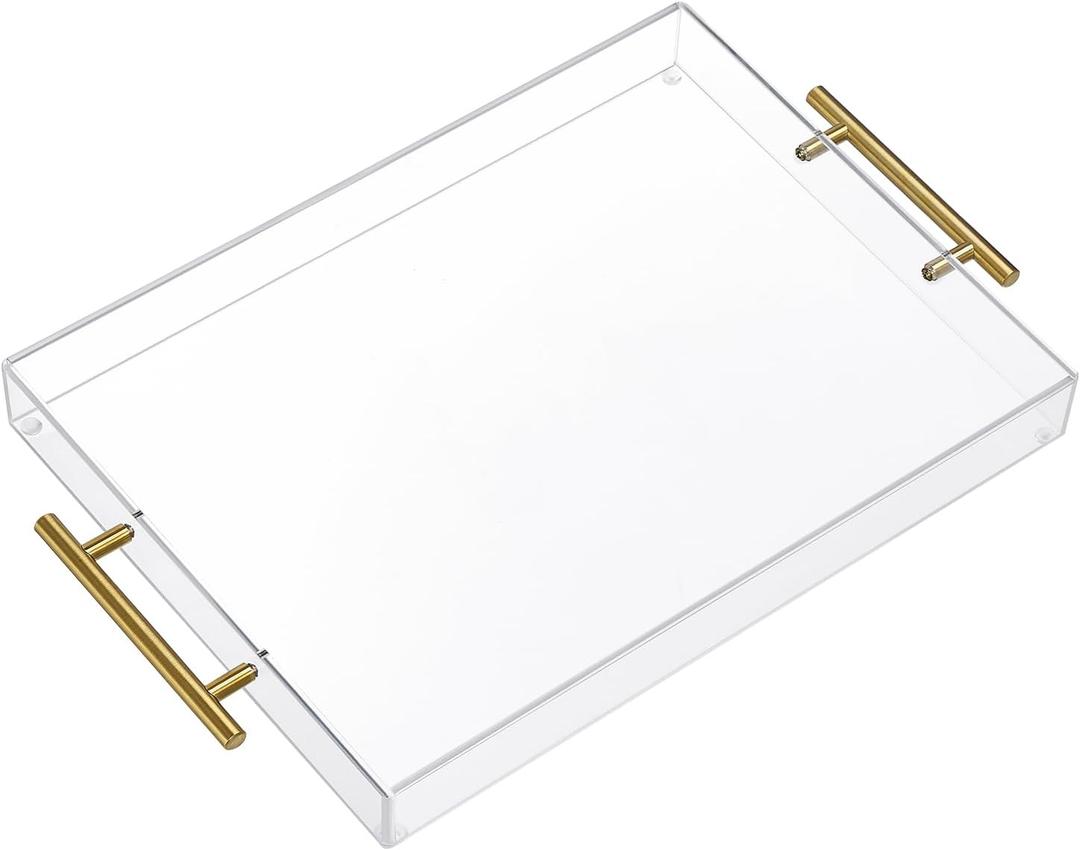 12"x16" Clear Acrylic Serving Tray with Golden Handles, Sturdy Huge Capacity Acrylic Tray for Coffee, Juice, Kitchen and Desk Organizer, Storage Tray (12"x16")