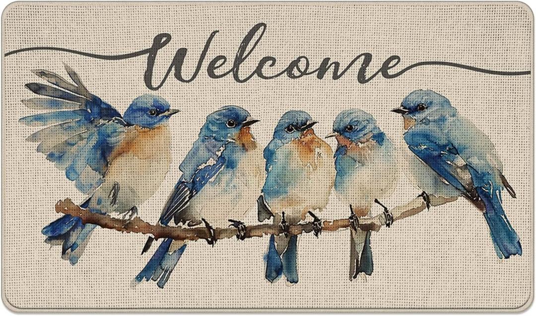 Welcome Blue Jay Birds Decorative Front Door Mat, Watercolor Branches Doormat Indoor Outdoor Non-Slip Floor Entryway Rug, Farmhouse Low Profile Home Kitchen Decoration 17x29 Inches