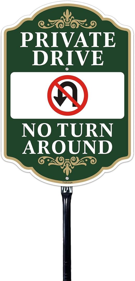 No Turn Around Driveway Sign With Stake, 10 x 14 Inches Aluminum Driveway Sign with 2.9 Feet Stake(Detachable), Green