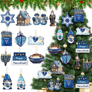 FairySandy 36 Pcs Hanukkah Ornaments Happy Chanukah Hexagram Gnome Menorah Dreidel Hanging Wooden Ornament Decorations Jewish Decor Crafts Pendant Signs for Home Christmas Tree Decoration Gift