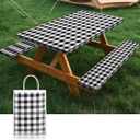 Picnic Table Cover with Bench Coversa nd Bag, Waterproof Windproof Elastic Fitted Tablecloth for 6 Foot Rectangle TablesWashable with Elastic Edges for Outdoor Camping(Black & White, 30"x72")