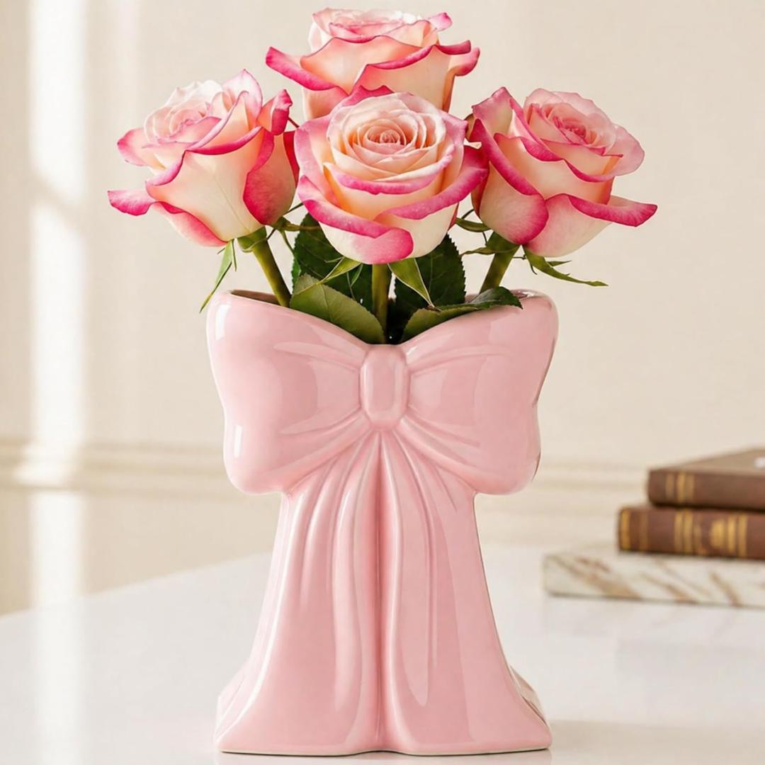 Jingmore Pink Bow Vase Coquette Ceramic Vase Pen Holder Makeup Brush Holder Contemporary Design Decorative Women Gift for Wedding Home Office Shelf Table Room(Medium, Elegant)