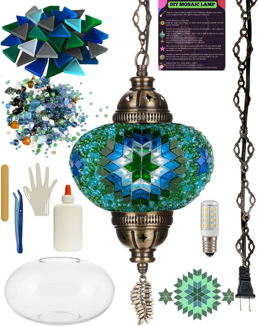 DEMMEX DIY Turkish Moroccan Mosaic Plug in Hanging Lamp Kit, 15ft Cord & Chain, Complete Craft Set, No Grout, No Experience Needed, for Adults & Teens, Make & Hang (Turquoise&Green)