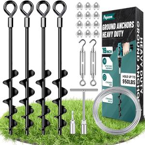19" Ground Anchors Heavy Duty Shed Anchors Kit, Mobile Home Anchor Earth Anchor with 1/8" Galvanized Cable and Turnbuckles for Sheds Canopy Gazebo Trampoline Swing Set(4x19in)