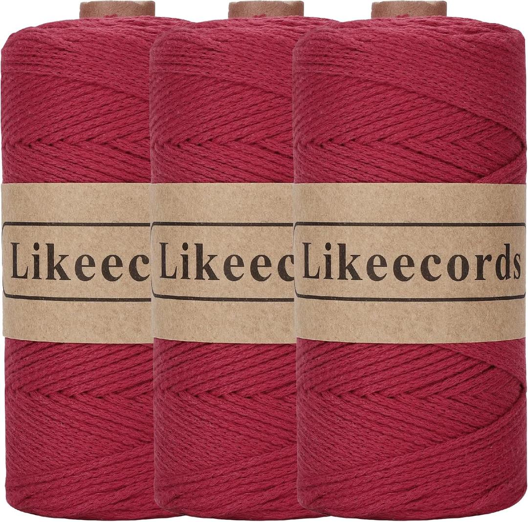 Likeecords 100% Cotton Crochet Yarn for Bag, 3 rolls/ pack 2mm x 510m, Macrame Cord, Chunky Yarn for Crocheting Handbag, Purse, Blankets Crafts Projects (Wine Red)