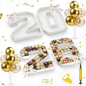 2026 Grad Cardboard Letters with 14 Balloons Bows Decorations 10'' Graduation Charcuterie Numbers Fillable Trays and 2 Balloon Stands for Graduation Party Supplies(White,2026)