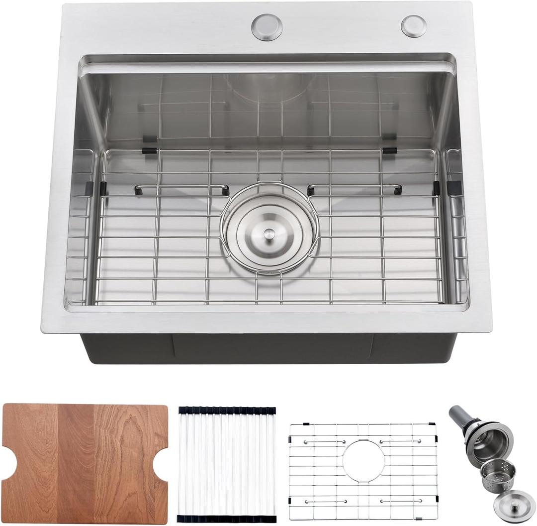 20 Inch Drop in Kitchen Sink, Single Bowl 16 Gauge Stainless Steel Topmount Small Kitchen Bar Sink Outdoor RV Workstation Basin (20"x17"x10") (Brushed Nickel)