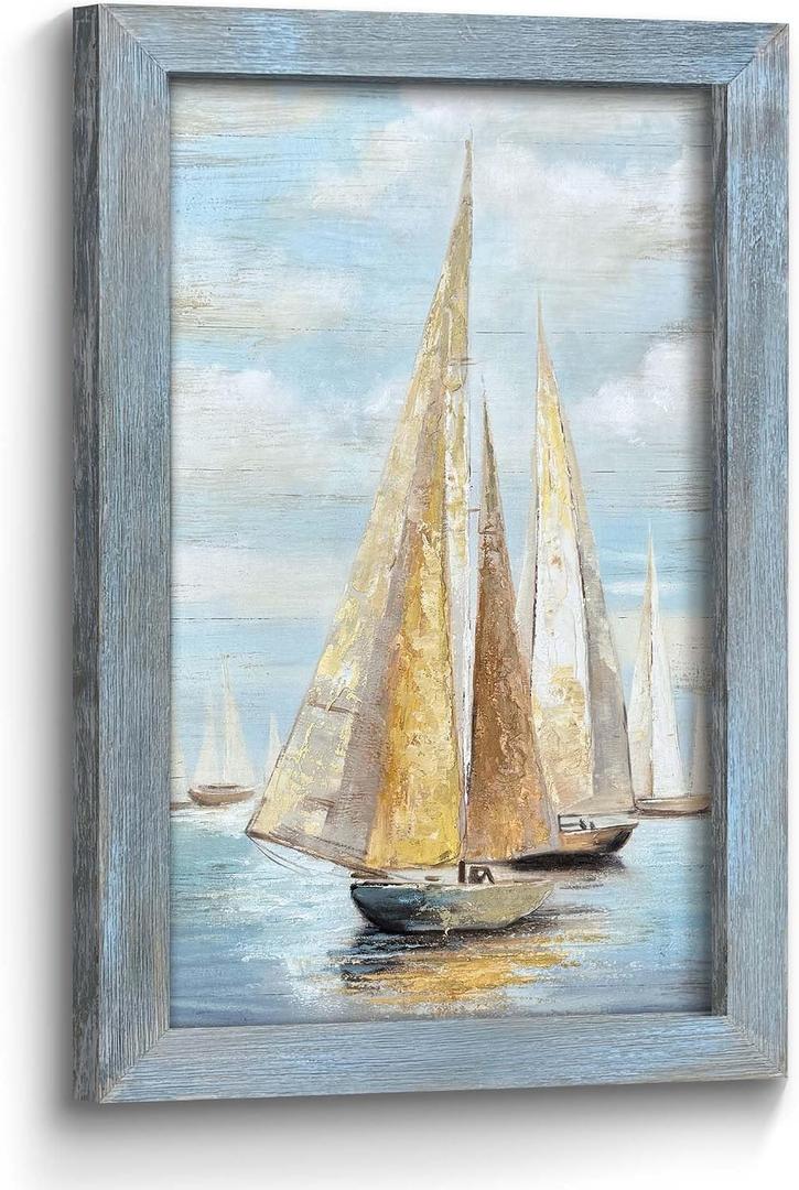 Ocean Nautical Sailboat Wall Art: Rustic Coastal Wooden Framed Sea Boat Seascape Texture Painting Prints Beach Seaside Relaxing Landscape Picture Artwork for Living Room Bedroom Bathroom 24x16 Inch