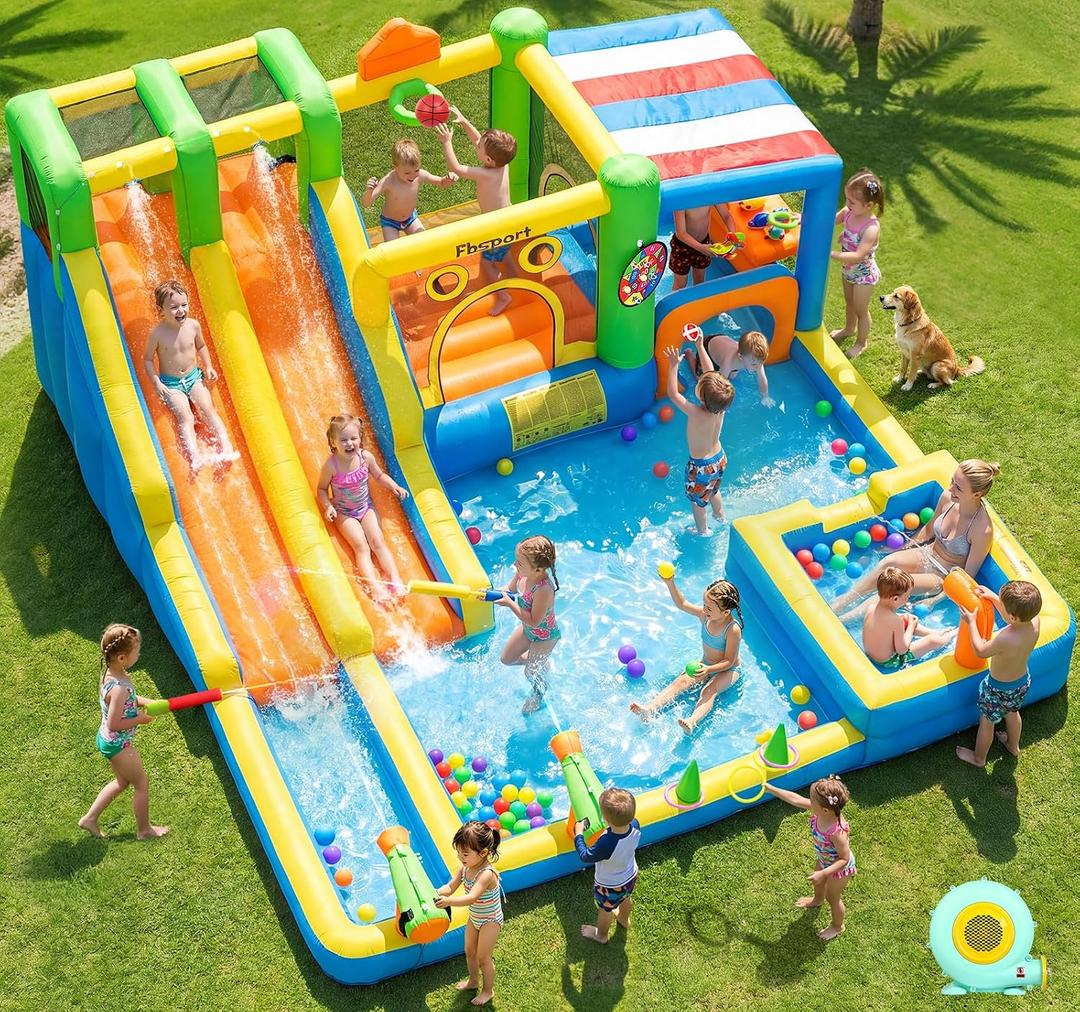FBSPORT Inflatable Bounce House Double Water Slide,11 in 1 Inflatable Water Slide Park with 680W Blower, Splash Pool, Climbing Wall, Bouncy Castle for Indoor Outdoor Backyard, 13'3" x 6'7" x 14'7"