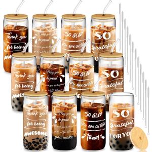 12 Set Employee Appreciation Gifts, Inspirational Thank You Gift for Team, Teacher, Nurse, Coworkers, Employees, Staff - Employee Christmas Gifts, 20oz Glass Cups with Lids and Straws (Mixed)