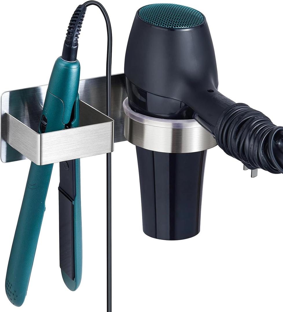 Hair Dryer Holder Wall Mounted, Hair Straightener Holder, Blow Dryer Holder Adhesive, Hair Tool Organizer for Flat Iron, Hairdryer, Curling Iron Holder for Bathroom Vanity Barber Shop (Silver)