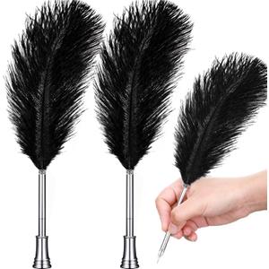 Chinco 2 Pack Black Feather Pen with Metal Holder, Vintage Feather Signature Ballpoint Pen Quill Table Decor for Wedding Birthday Party Favor