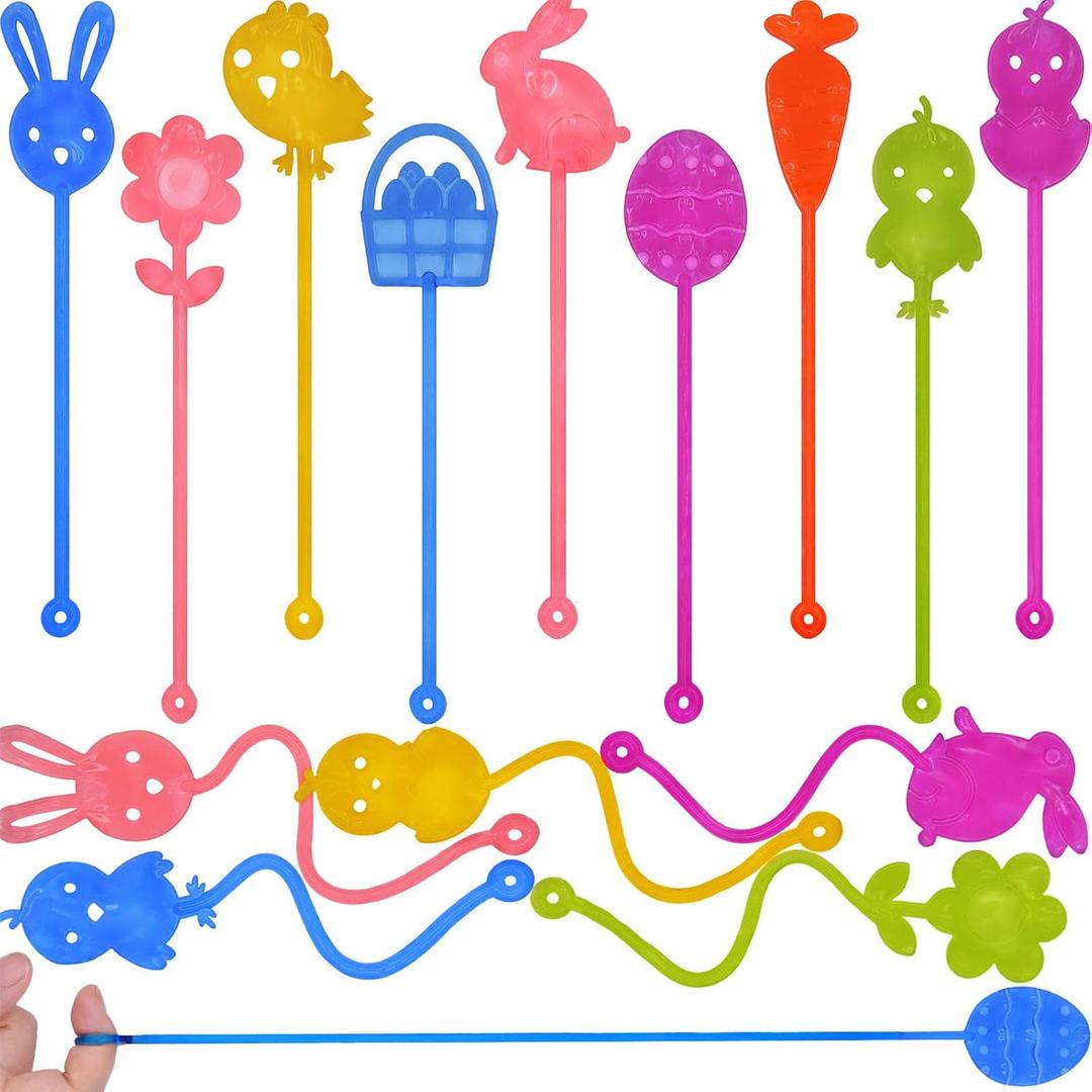 24 Pack Easter Sticky Hands Toys Easter Egg Bunny Chick Carrot Flower Basket Sticky Stretchy Toys for Kids Girls Boys Easter Basket Stuffers Party Favors Gifts