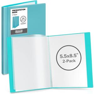 Dunwell Small Presentation Book 5.5x8.5 (2-Pack, Aqua), 24 Pockets Display 48 Half Size Pages, Plastic Binders with Sleeves, 5.5 x 8.5 Mini Booklets, Acid-Free Poly