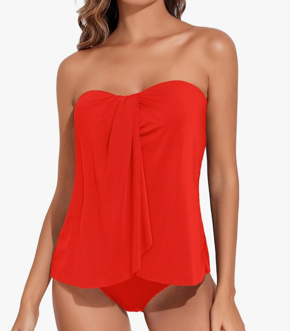 Tempt Me Two Piece Tankini Bathing Suits for Women Halter Bandeau Swim Top with Bottom Flyaway Tummy Control Swimsuit, M