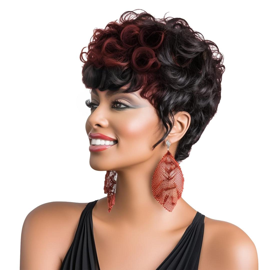 Short Wine Red Pixie for Black Women Short Wigs for Black Women Natural Black and Burgundy Pixie Cut for Women 1B/99J Women Wigs (Black Mixed Wine Red)