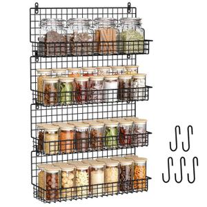 X-cosrack Upgraded Spice Rack Organizer - Wall Mounted Large 4-Tier Stackable Spice Storage with 5 Hooks, Holds 80 Jars, for Kitchen Pantry Organization (Patent:D909138S)