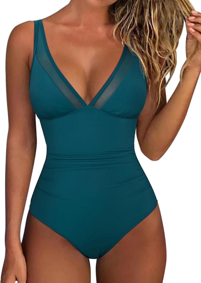 RXRXCOCO Women Sexy Mesh Tummy Control One Piece Swimsuit Ruched Slimming Shapewear Bathing Suit Lace Up Back Swimwear (Large, Turquoise)