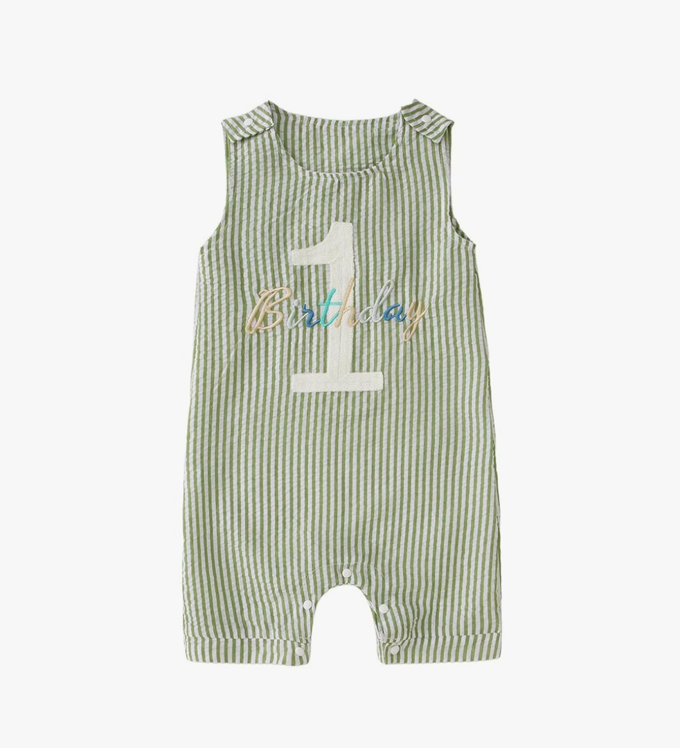 Ritatte Baby Boy 1st Birthday Outfit One Birthday Embroidery Romper Sleeveless Jumpsuit Cute Summer One Year Old Overalls, 1Y, Green-stripe