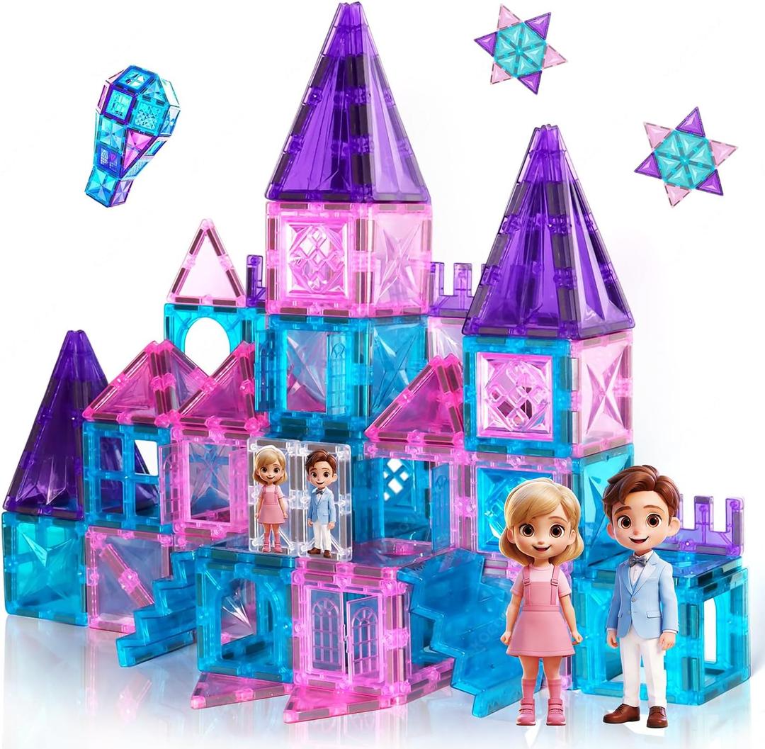 Magnetic Tiles 58PCS Princess Castle Building Blocks, Faceted Diamond STEM Toys for Girls Boys Age 3-5 4-8, Fairy Tale Construction Set with Prince Princess Figures & Stairs, Creative Portable Gift