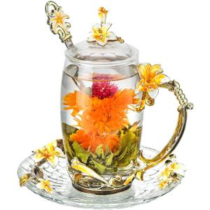 Tea Mugs for Women Glass Tea Cup with Lid Spoon Saucer Lily Flower Coffee Mug Unique Mothers Day Gift Christmas Gift(12oz Yellow)