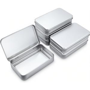 6 Pieces Rectangular Metal Empty Hinged Tins Containers Basic Necessities Home Storage Organizer Mini Box Set, 5.9 x 3.5 x 1.2 inches (Silver)