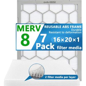 16x20x1 MERV 8 Air Filter,AC Furnace Air Filter,Reusable ABS Plastic Frame, 7 Pack Replaceable Filter Media (Actual Size: 15 3/4" x 19 3/4" x 3/4")