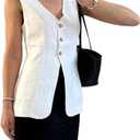 Melliflo Womens Summer Long Linen Vest Casual Sleeveless V Neck Button Down Tops Casual Summer Vest with Pocket, Size S