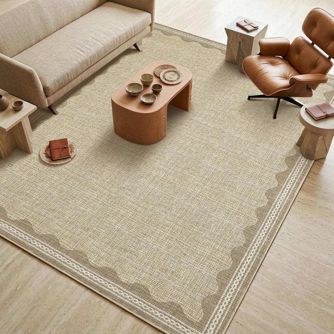 GarveeHome Scalloped Washable Area Rug 6x9 Rugs for Living Room Soft Low-Pile Solid Tan Jute Digital Printing Thin Carpet for Bedroom Dining Nursery Non Slip Mat with Rubber