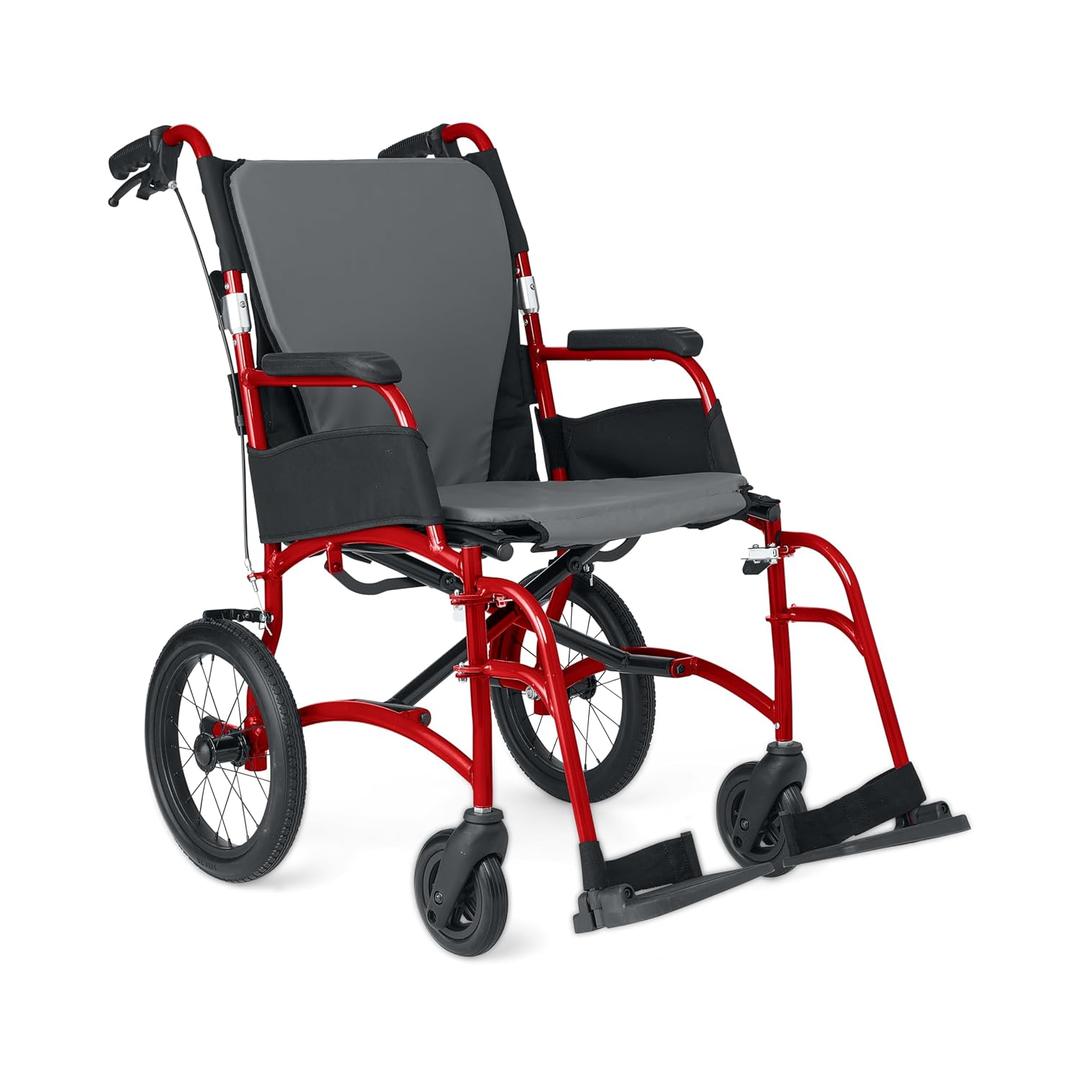 Medline Ultralight Transport Chair, Lightweight Folding Wheelchair with 12 in Rear Wheels, Padded Armrests, Swing Away Footrests, Safety Seat Belt, 300 lb Capacity, Red, 1 Count