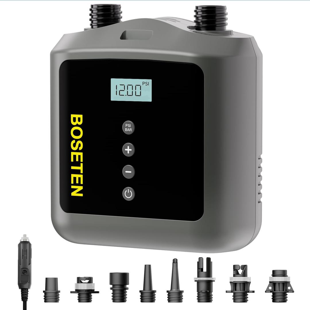 BOSETEN Paddle Board Pump, SUP Electric Air Pump, Deflation Function, Auto-Off, 12V DC Car Connector for Inflatable Stand Up Paddle Board, Kayaks, Boats, Inflators, Paddleboards