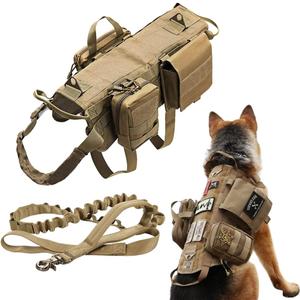 Tactical Dog Vest Harness Heavy Duty Dog Harness with 3 MOLLE Bags&1 Bungee Leash (XL:Harness neck 12.2"~20", chest 22"~39", Khaki)