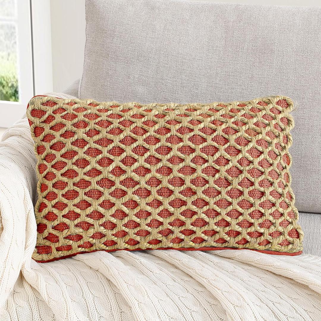 Boho Living Jada Premium Woven Design, Living Room Dcor, Decorative Throw, (1) 12" x 20" Pillow Cover, Rust