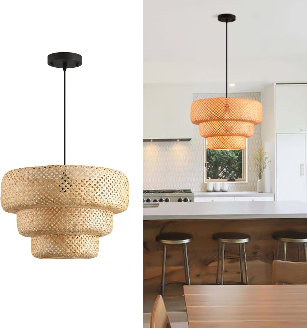 18.12 Inch Bamboo Pendant Light 3-Tier Hand Woven Rattan Pedant Light for Kitchen Dining Room Bedroom Living Room Kitchen Island Coastal Pendant Light, 18 inch-3 Layer