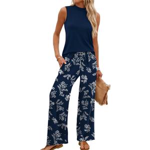 WIHOLL Two Piece Set for Women Summer Spring Outfits Cruise Travel Airport Beach Vacation Mock Neck Wide Leg Pants Set (Blue, S)