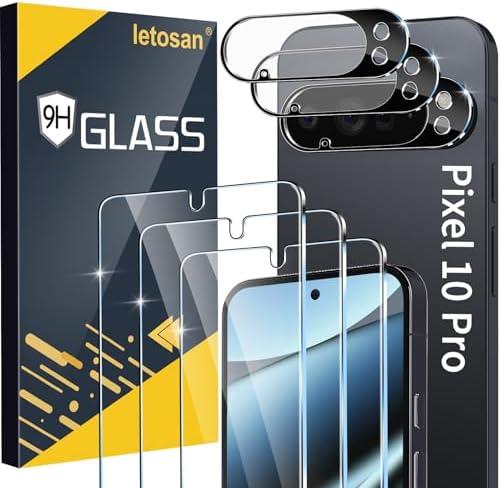 letosan 2 Pack for Google Pixel 10 Pro Screen Protector Tempered Glass + 3 Pack Camera Lens Protector, Military Grade Shatterproof, 9H Hardness, Fingerprint Unlock,Case Friendly 6.3 Inch